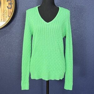 Talbots 100% Cotton Green Cable Knit Lightweight V-neck Sweater | Large